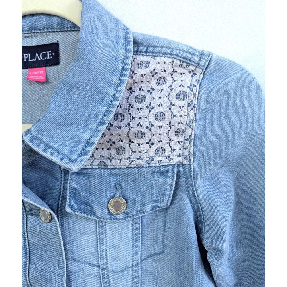 Children's Place Light-Wash Denim Jacket with White Crochet Lace sz L 12/14